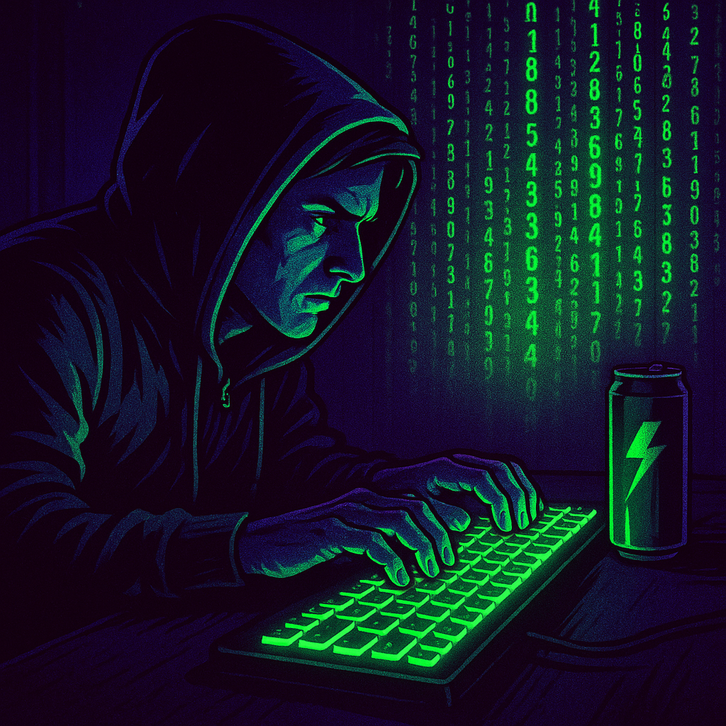 Hacker mit Matrix-Code und Energy Drink